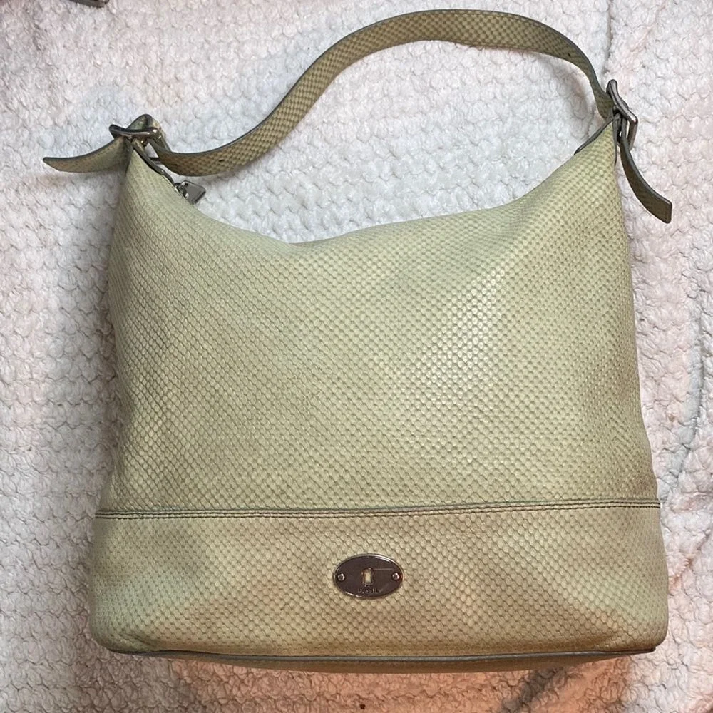 FOSSIL Marlow Sage Green‎ Soft Snake Bag Embossed Leather Hobo ZB8554